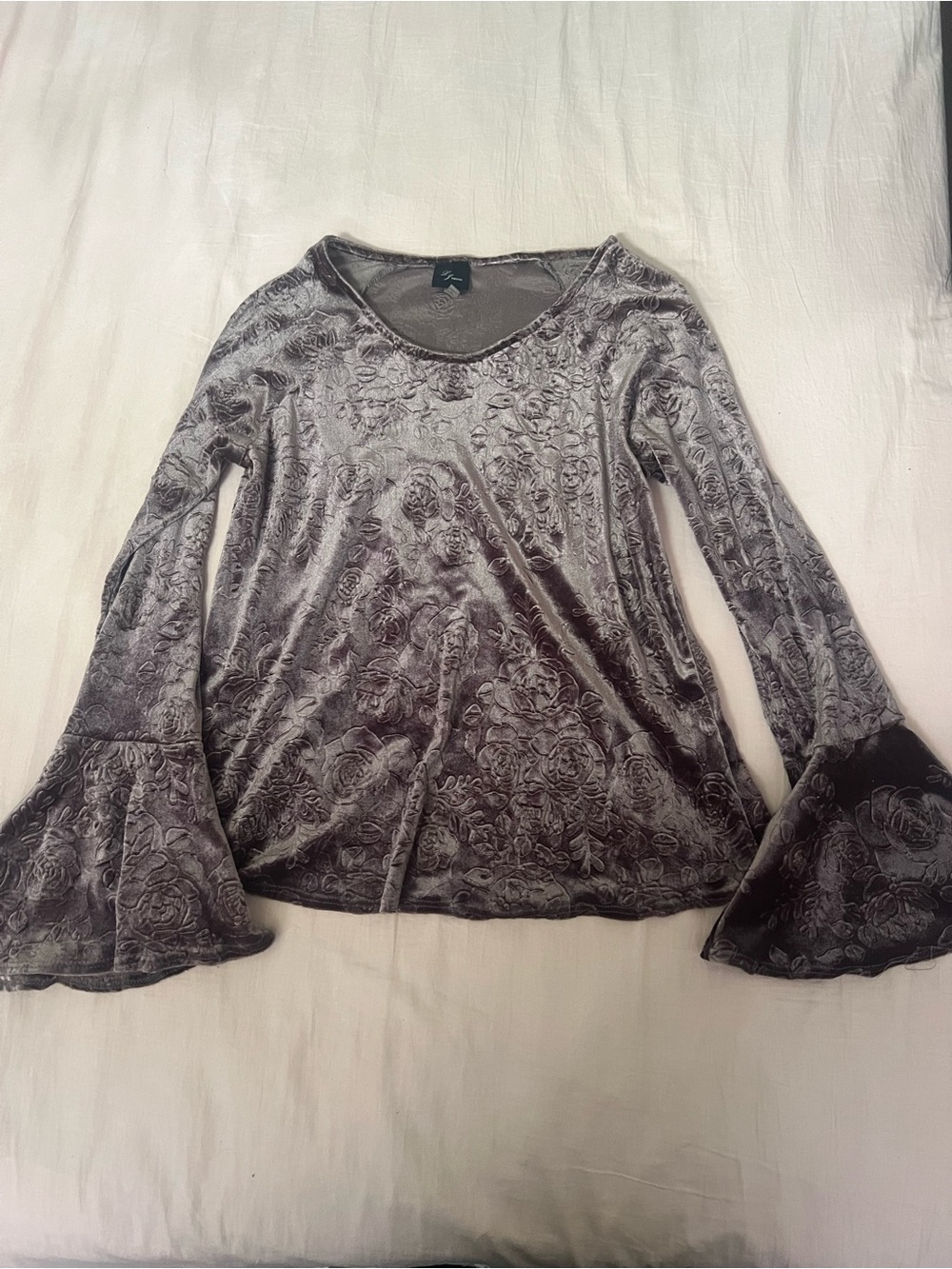 Brown Velvet Floral Bell-Sleeve Top